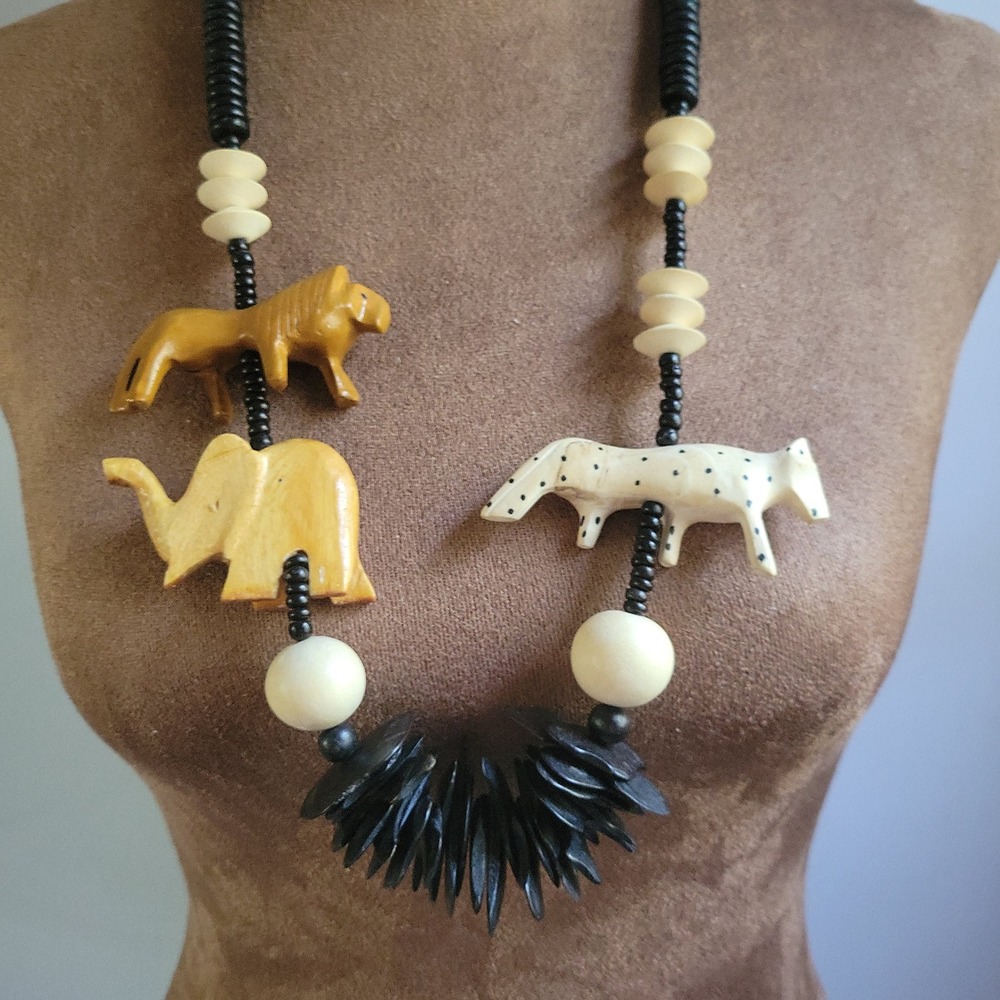 Vintage Hand Carved Wood Bone Safari Animal Elephant Leopard Necklace  Eclectic